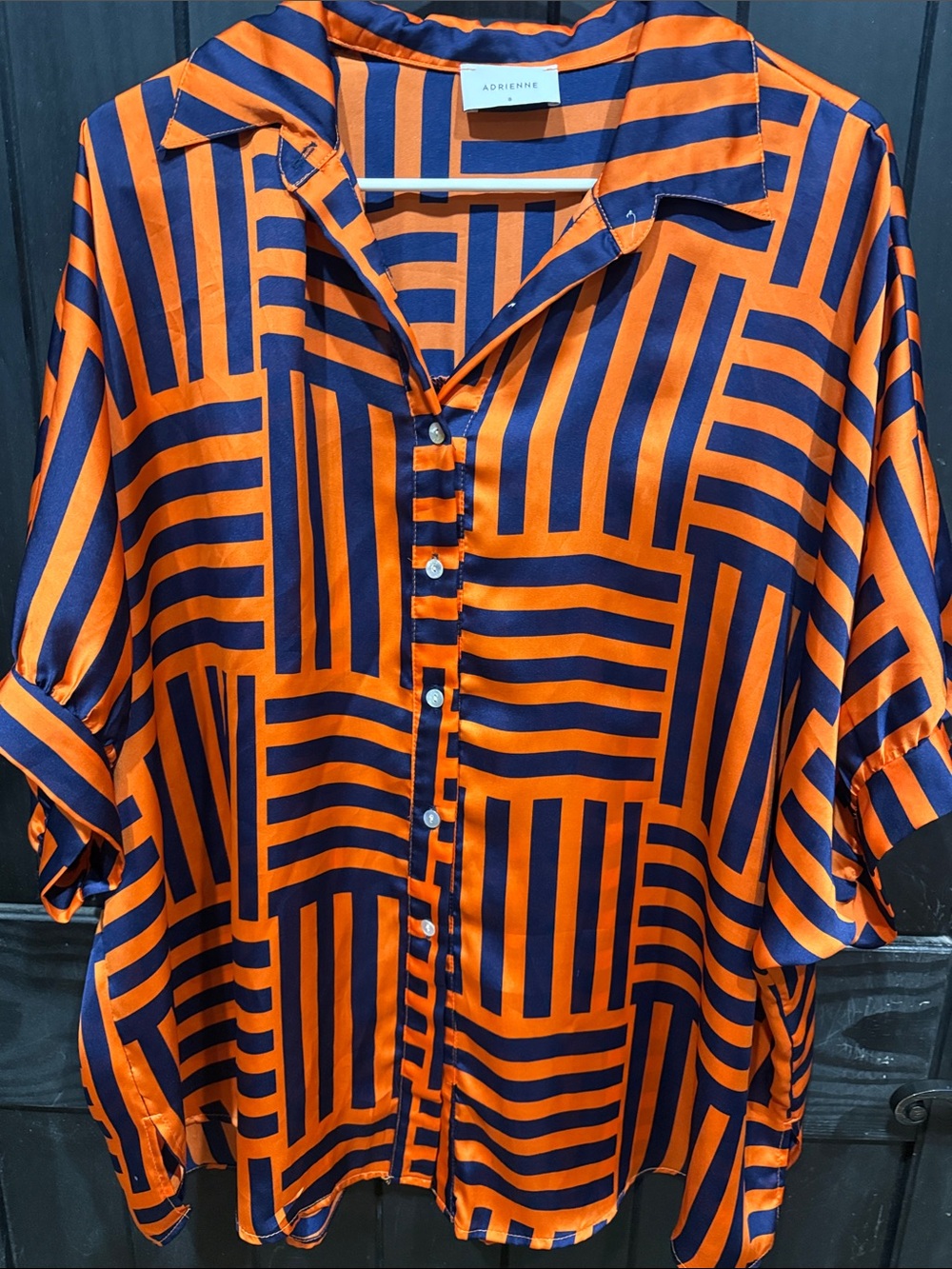 Adrienne Orange & Navy Geometric Silk-Look Button Shirt